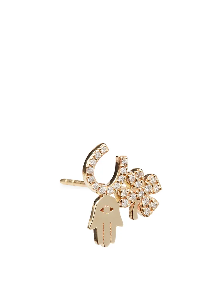 14K Gold Stud Luck And Protection Right Stud Earring With Diamonds
