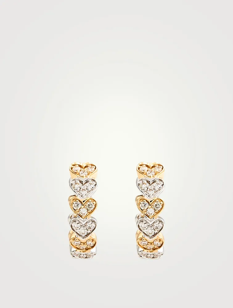 Two-Tone 14K Gold Heart Huggie Hoop Earrings With Diamonds