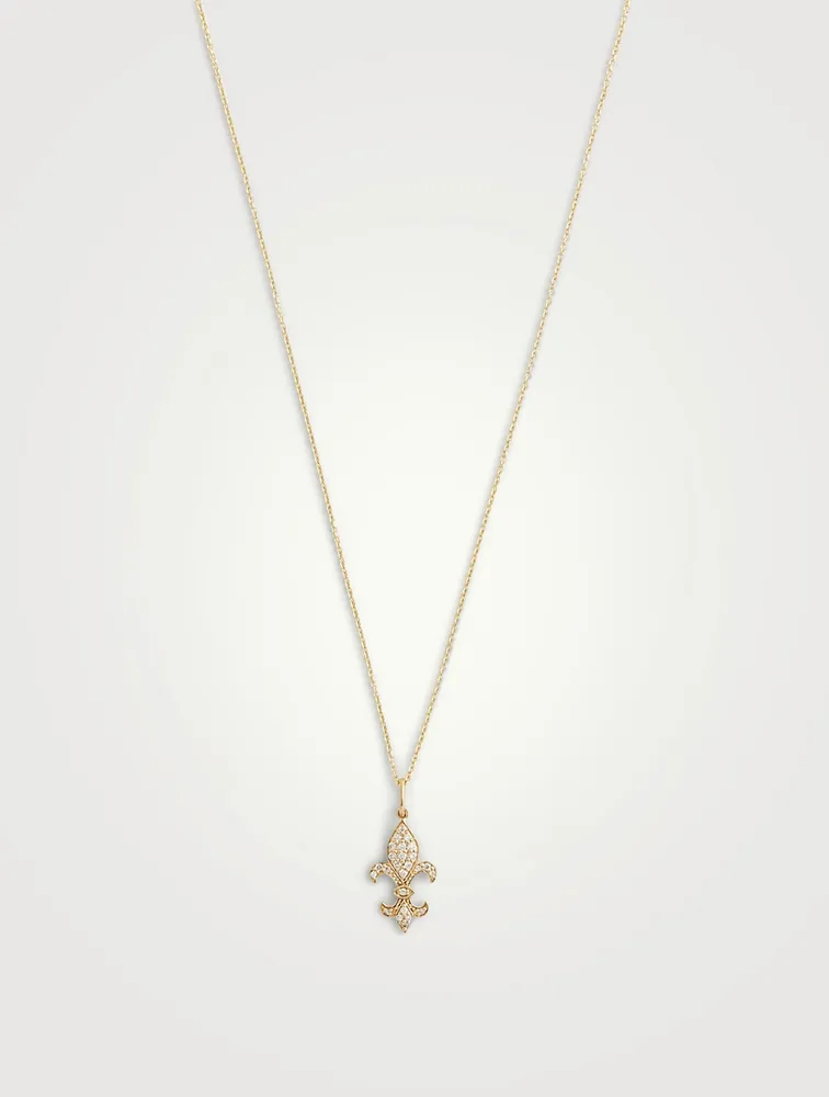 14K Gold Fleur De Lis Pendant Necklace With Diamonds