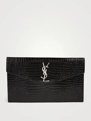 Medium Uptown YSL Monogram Croc-Embossed Leather Envelope Clutch Bag