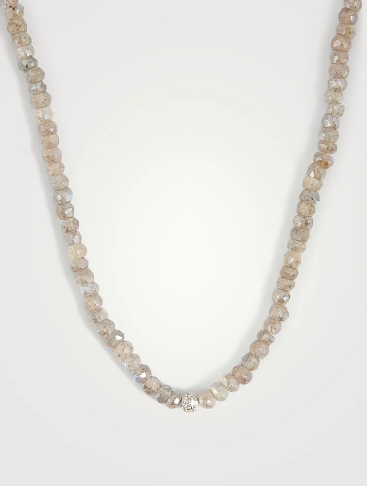 Labradorite Beaded Necklace With 14K White Gold Diamond Ball Charm