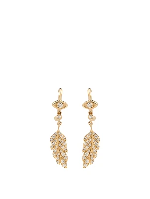14K Gold Evil Eye Feather Earrings With Diamonds
