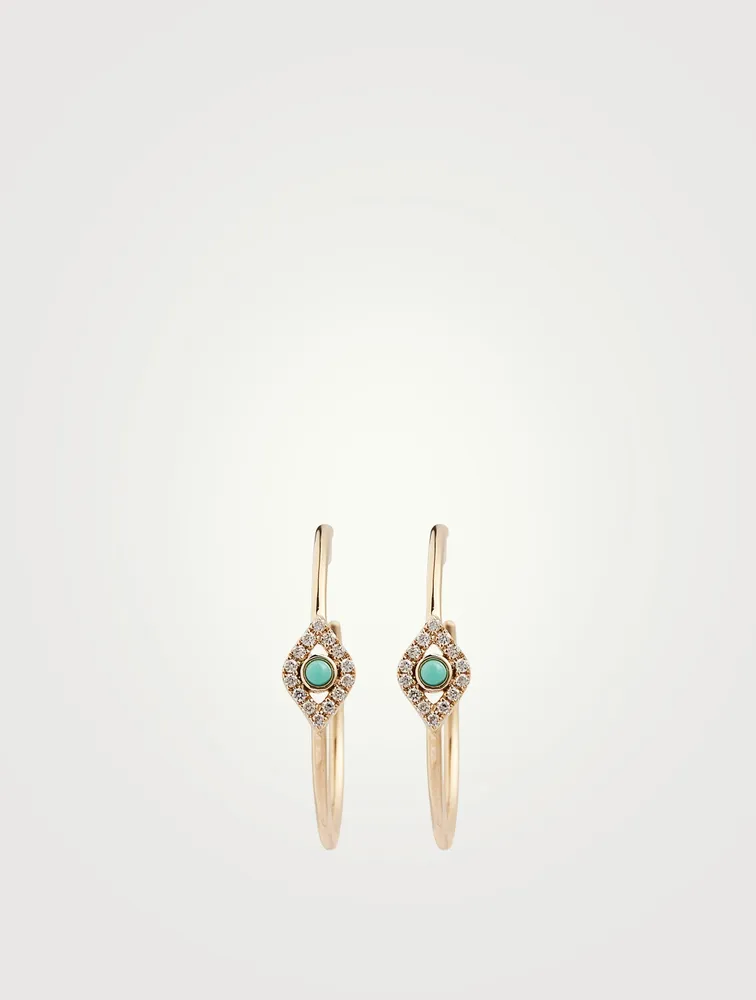 Medium 14K Gold Bezel Evil Eye Hoop Earrings With Turquoise And Diamonds