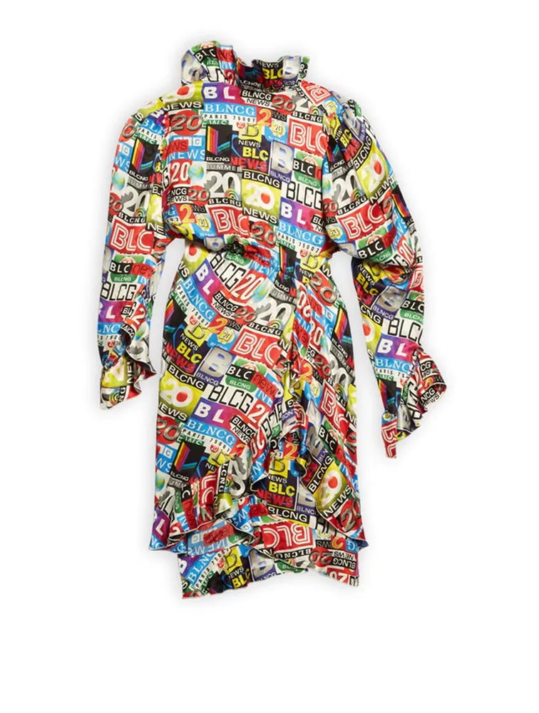 Silk Twisted Mini Dress News Print