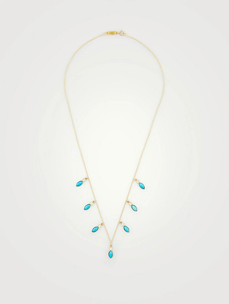 18K Gold Marquise Dangle Necklace With Diamonds and Turquoise