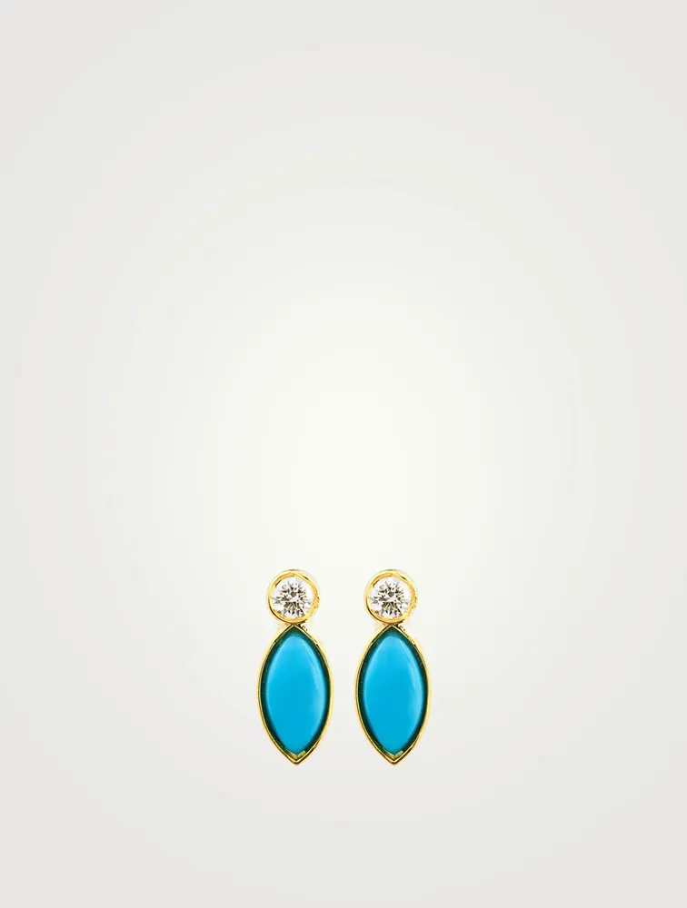 18K Gold Marquise Stud Earrings With Diamonds And Turquoise