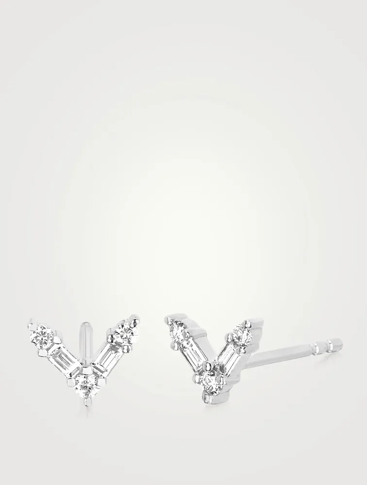 14K White Gold Chevron Stud Earrings With Diamonds
