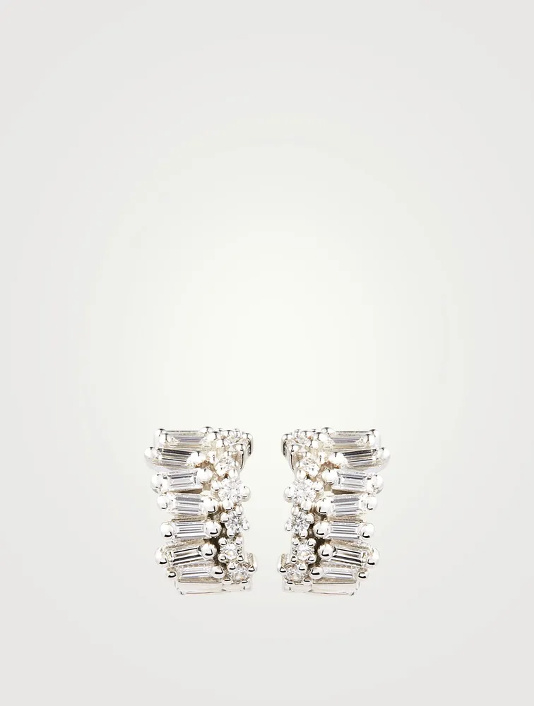 Mini Fireworks 18K White Gold Wide Huggie Earrings With Diamonds