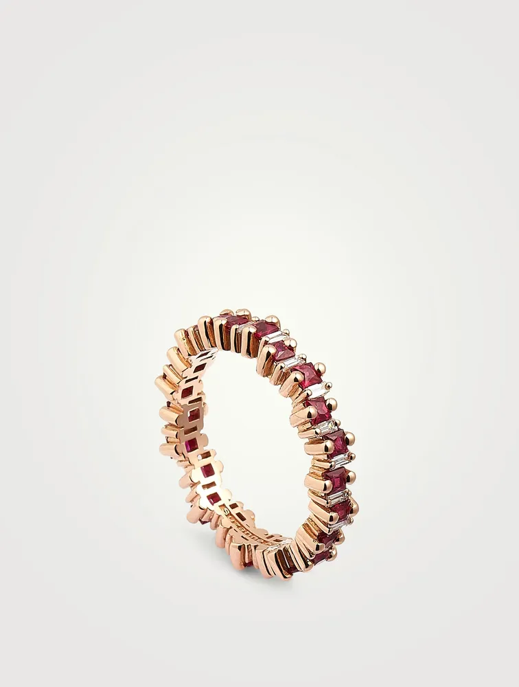 Fireworks 18K Rose Gold Thin Eternity Band With Ruby And Diamonds