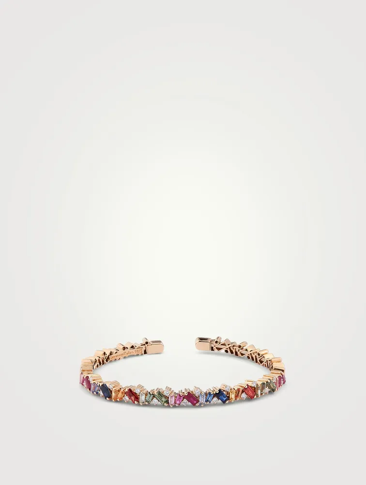 Rainbow Fireworks 18K Gold Frenzy Bangle Cuff Bracelet With Sapphire And Diamonds