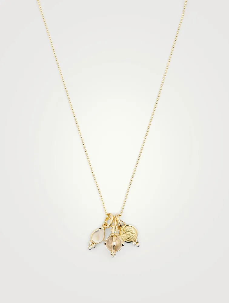 18K Gold Classic Charm Necklace With Royal Blue Moonstone And Rock Crystal