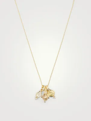 18K Gold Classic Charm Necklace With Royal Blue Moonstone And Rock Crystal