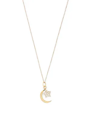 14K Gold Moon And Star Necklace With Diamonds