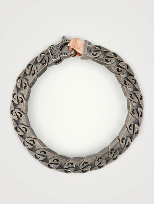 Flaming Tongue Logo Silver Link Bracelet With Black Diamonds