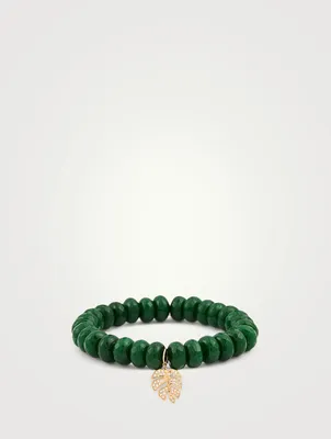 Beaded Bracelet With 14K Gold Diamond Monstera Leaf Charm