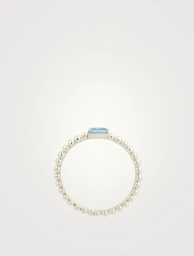 Dew Drop Silver Baguette Stackable Ring With Blue Topaz