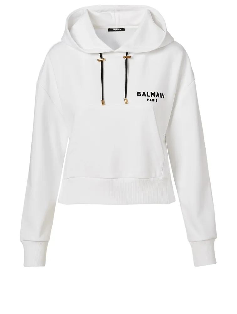 Cotton Flocked Logo Cropped Hoodie