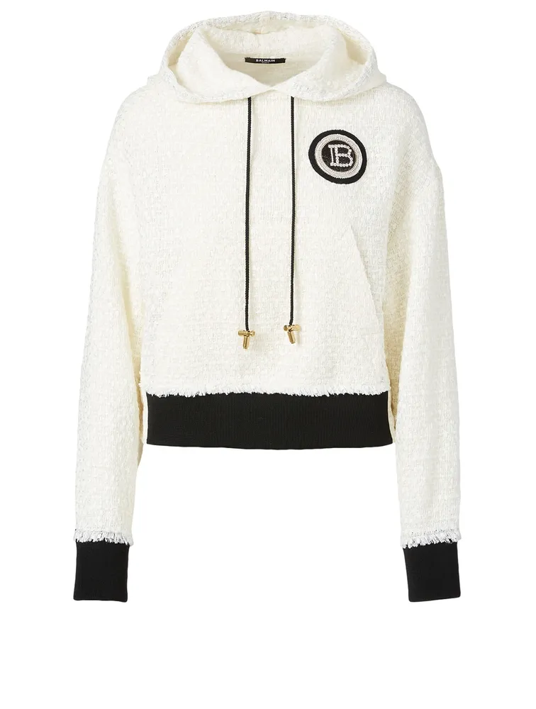Tweed Cropped Hoodie With Badge