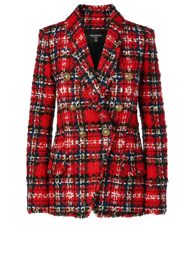 Double-Breasted Tweed Blazer Tartan Print