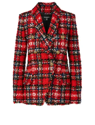 Double-Breasted Tweed Blazer Tartan Print
