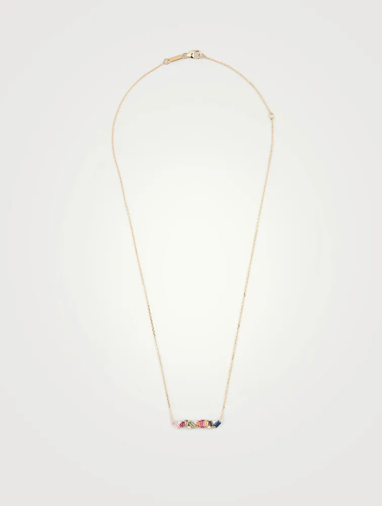 Rainbow Fireworks 18K Gold Bar Necklace With Diamonds And Sapphires