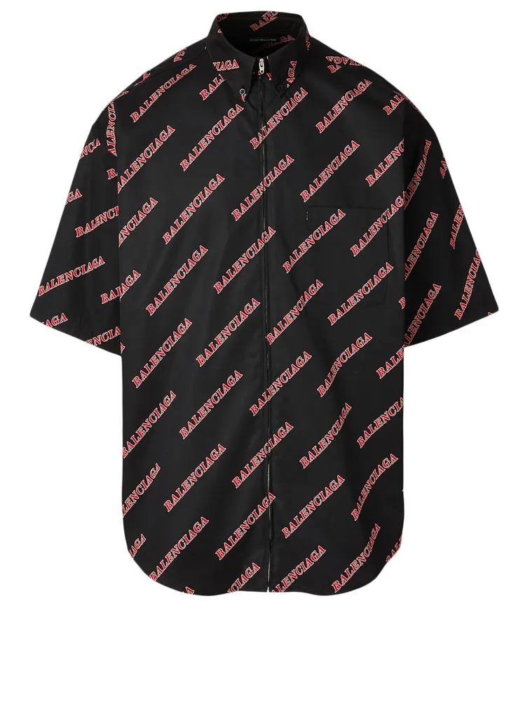 Short-Sleeve Zip Shirt Sporty Logo Print