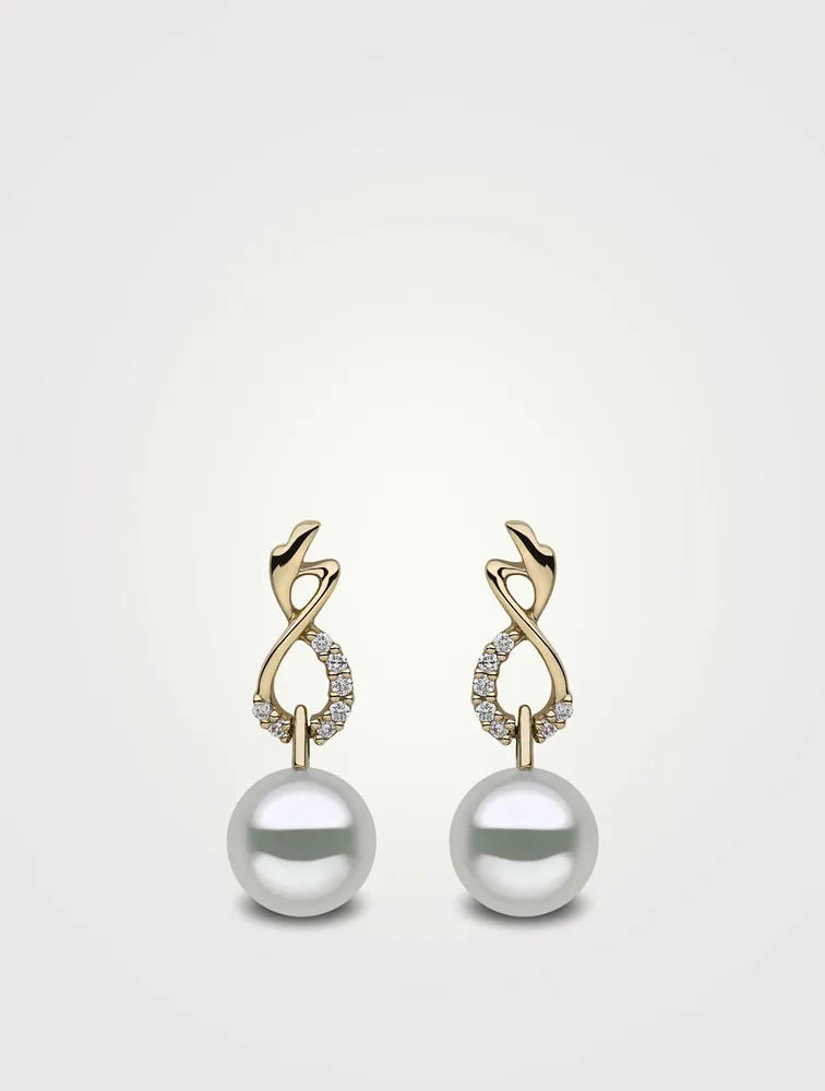 18K Gold Australian South Sea Pearl Earrings With Diamonds