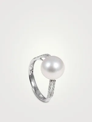 18K White Gold Pearl Ring With Diamonds