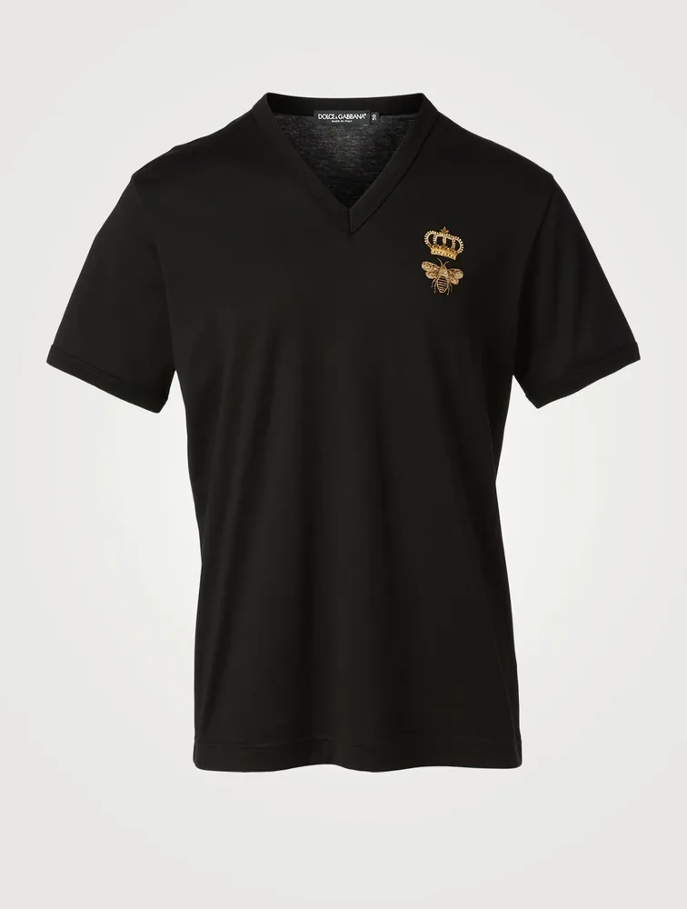 V-Neck T-Shirt With Bee Crown Embroidery