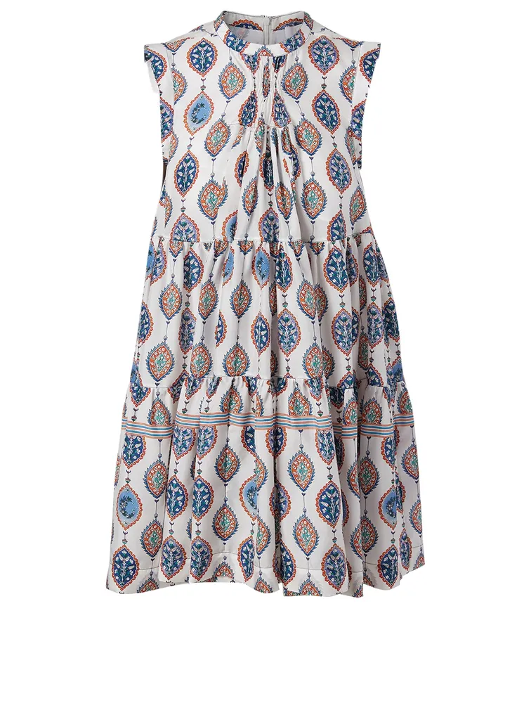 Silk Tiered Mini Dress Ceramic Print