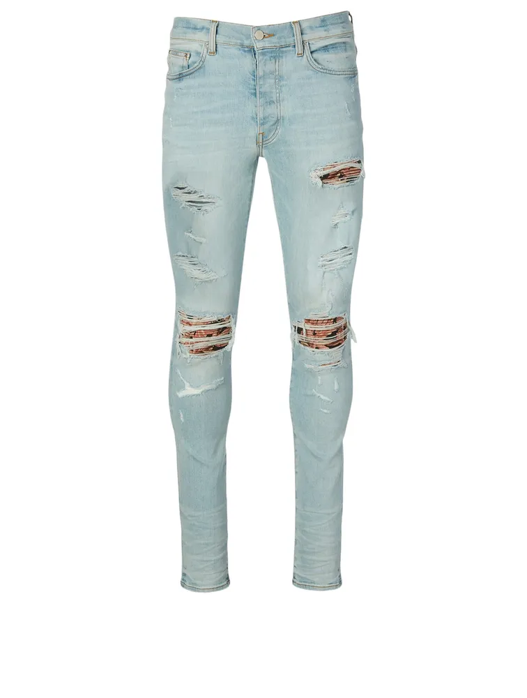 Distressed Jeans With Banana Leaves Panel