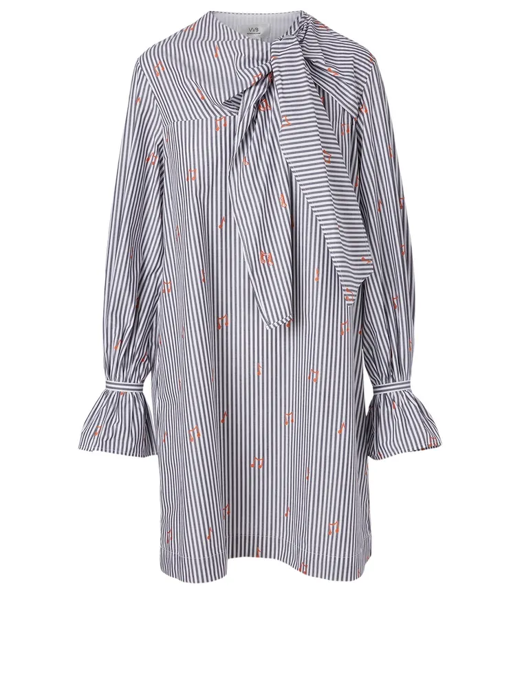Cotton Tie-Neck Dress Music Print