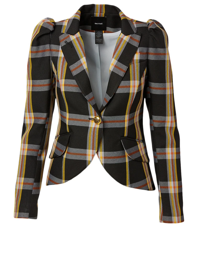 Pouf Sleeve Blazer Plaid Print
