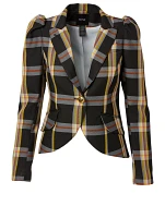 Pouf Sleeve Blazer Plaid Print