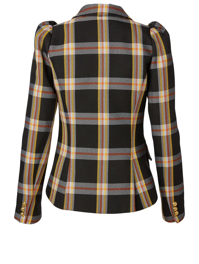 Pouf Sleeve Blazer Plaid Print