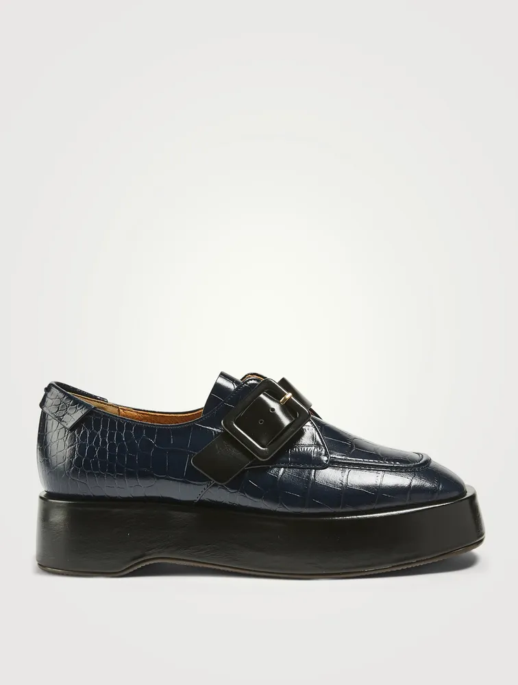 Croc-Embossed Leather Platform Loafers