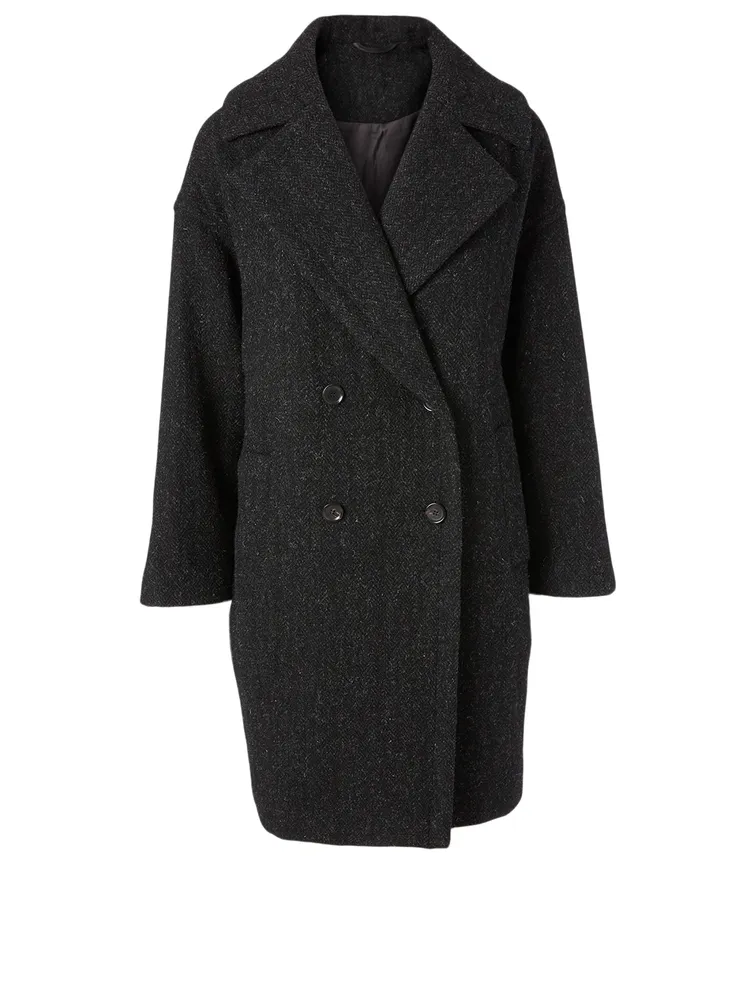 Wool Tweed Double-Breasted Coat With Oversized Lapel