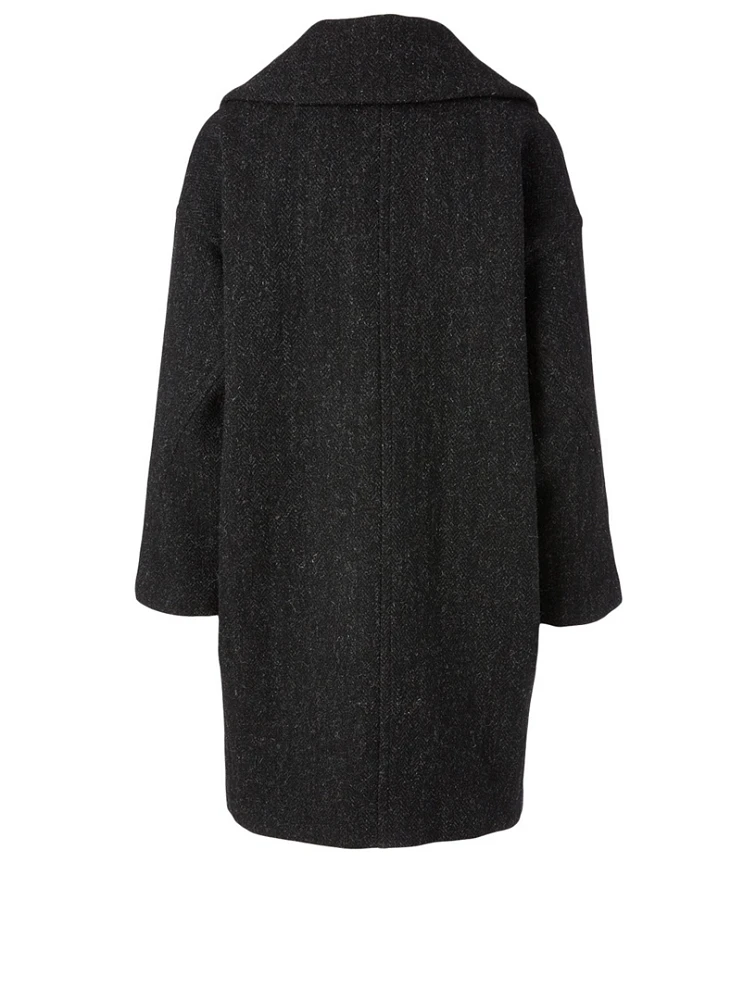 Wool Tweed Double-Breasted Coat With Oversized Lapel