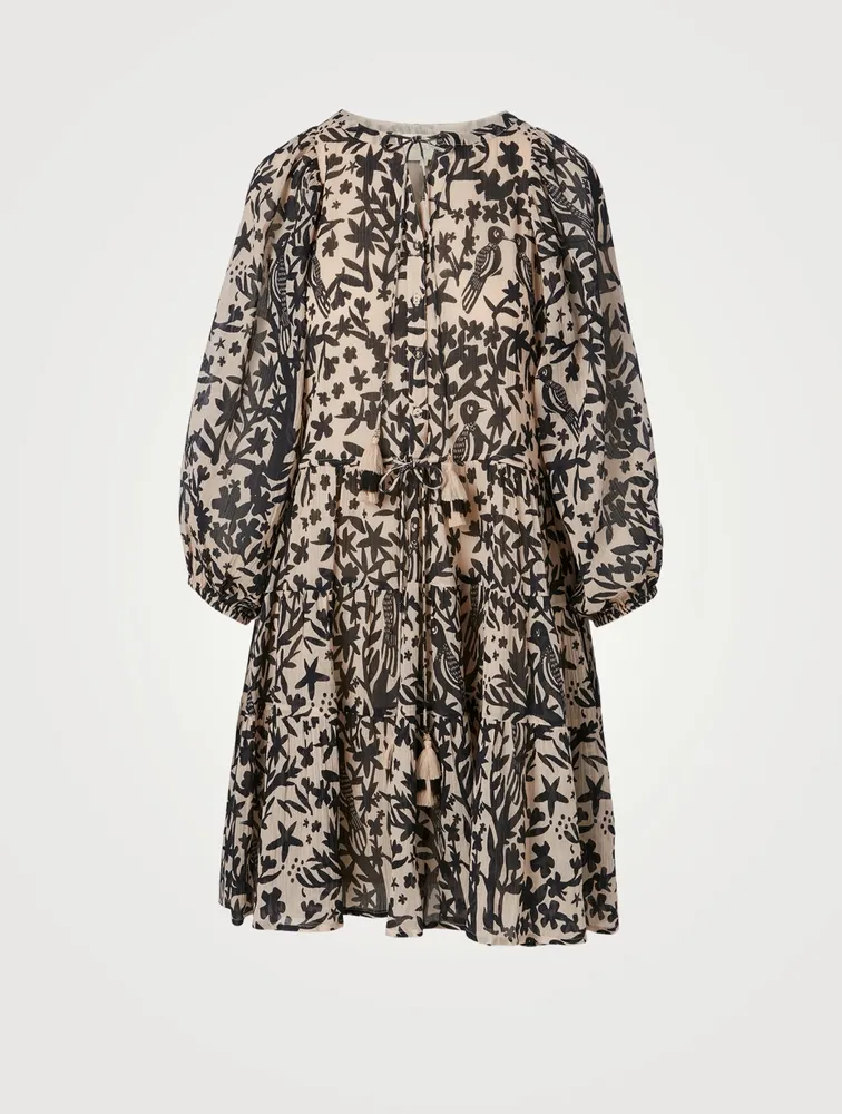 Viola Cotton Puff-Sleeve Mini Dress In Bird Print