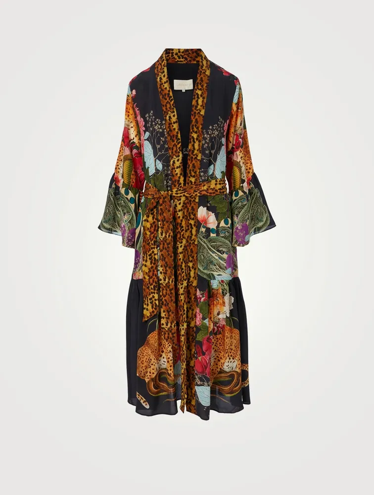 Nico Silk Long Robe Animal Print