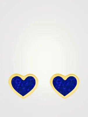 18K Gold Lapis Inlay Heart Stud Earrings