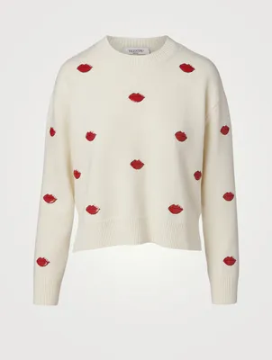 Wool And Cashmere Crewneck Sweater With Embroidered Lips