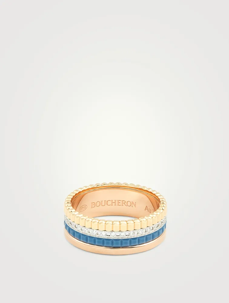 Small Blue Edition Quatre Gold Ring With Ceramic And Diamonds