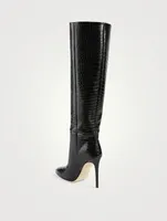 Croc-Embossed Leather Heeled Knee-High Boots