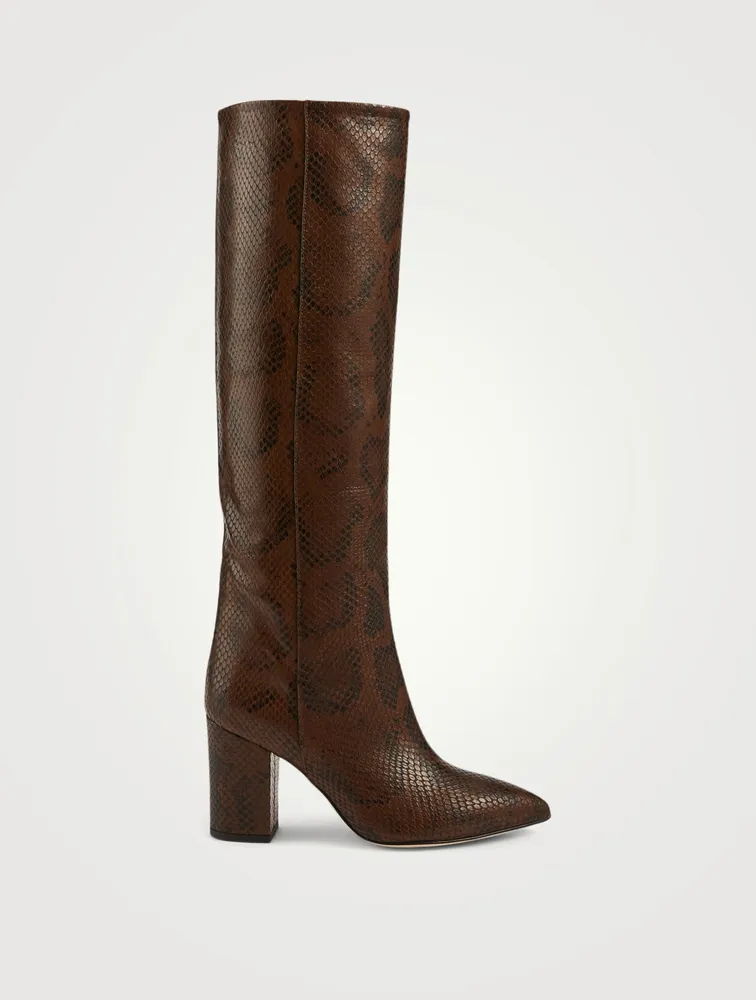 Leather Heeled Knee-High Boots Python Print
