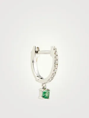 14K White Gold Huggie Hoop Earring With Diamonds And Tsavorite Drop