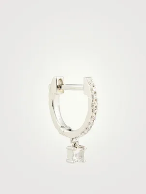 14K White Gold Huggie Hoop Earring With Diamonds And White Quartz Drop