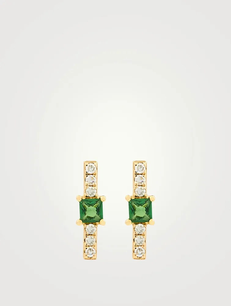 14K Gold Bar Stud Earrings With Diamonds And Tsavorite