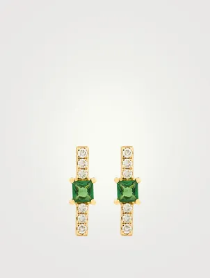 14K Gold Bar Stud Earrings With Diamonds And Tsavorite