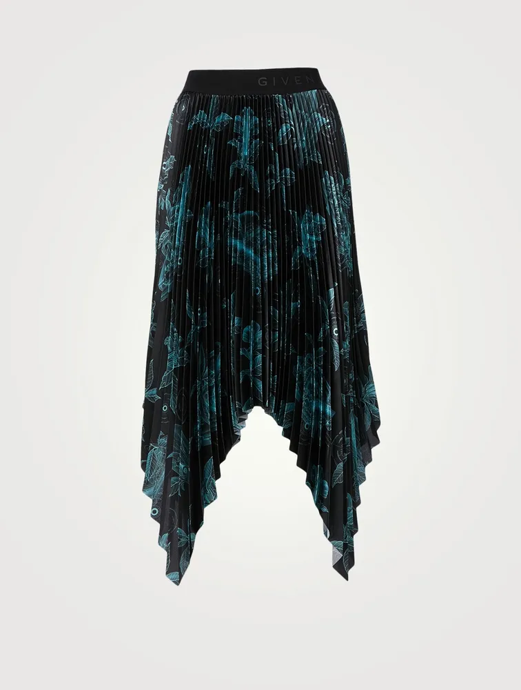 Pleated Technical Fabric Handkerchief Midi Skirt Floral Schematics Print
